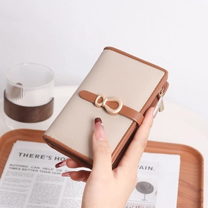 Women Sweet PU Leather Folding Small Wallet With Bowknot Metal Buckle Zipper Coin Pocket Multiple Card Slots Purse