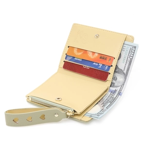 Short beige faux leather bifold wallet for women with heart wristlet and zipper pocket