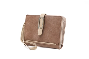 Detail of vintage matte PU leather short wallet with metal D-buckle and wrist strap