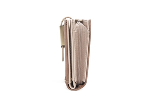 Detail view of the brown retro matte PU wallet showing tiered card slots and zipper pocket