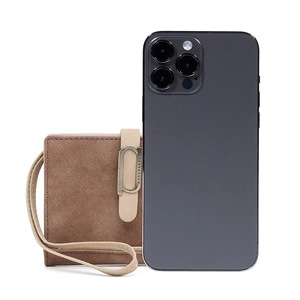 Short vintage frosted PU leather wallet with D-ring buckle shown next to a smartphone