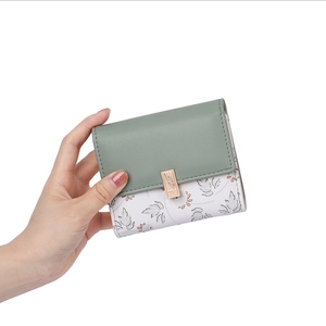Women's mini tri-fold floral wallet with Morandi green leather and metal clasp