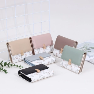 Mini floral print tri-fold wallets for women in six colors with gold metal buckle closure
