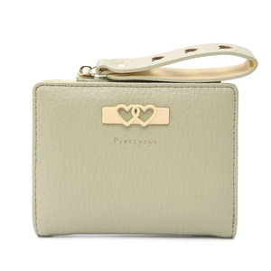 Women Bifold Short Wallet PU Leather Lychee Pattern Double Heart Buckle Heart Cutout Wristlet Strap Zipper Coin Purse