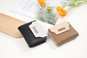 Detail showing folded PU leather wallet with hollow lattice pattern and bow accent