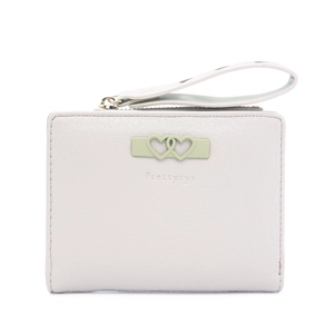 Short faux leather wallet in creamy white with double heart buckle and wrist strap