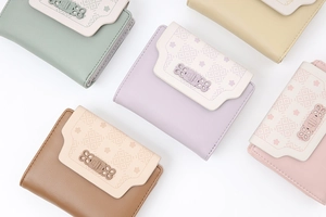 Short women's wallets in five pastel colors with floral patterns and bow buckles