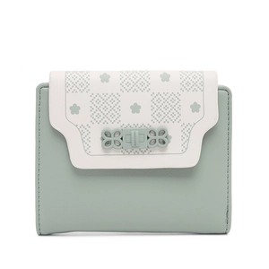 Short mint green and white floral PU wallet for women with elegant flower metal clasp