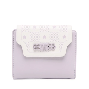 Detailed view of the purple PU leather wallet with floral print and bow metal clasp