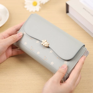 Elegante portafoglio lungo in pelle PU grigio-blu con stampa floreale e fibbia dorata