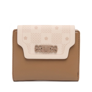 Close-up of trifold wallet with floral patterns and a metal bow-shaped buckle clasp