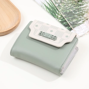 Women's Small Tri-fold Wallet PU Leather Floral Print Patchwork Buckle Zipper Coin Purse Fashion Card Holder Ladies Mini Bag