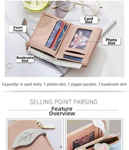 Détails du portefeuille rose plié pour femme avec 6 fentes pour cartes et un porte-monnaie