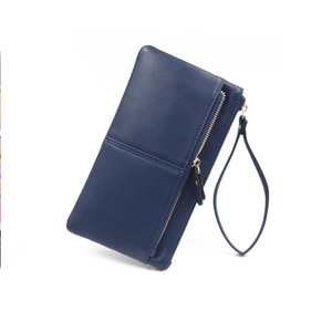 Portefeuille long pour femme en similicuir bleu marine avec fermeture éclair et dragonne