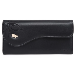 Close-up of black leather wallet featuring wave-edge flap and golden leaf embroidery
