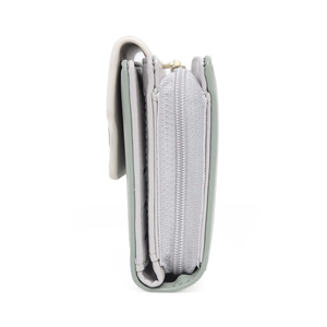 Side view of multi-layer grey-green leather wallet with metal zipper and snap closure