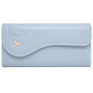 Elegant light blue women's long wallet with wave-edge flap and gold leaf embroidery