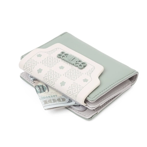 Women's minimalist mint green folding short wallet with floral print and buckle detail
