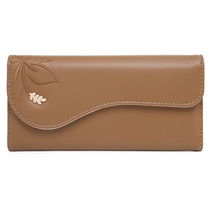 Close-up of the khaki leather wallet showing embroidered leaf and golden metal charm
