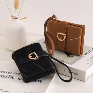 Vintage PU Leather Women Short Wallet V-Stitch Quilted Coin Purse With Wrist Strap Retro Clutch Handbag Ladies Card Holder
