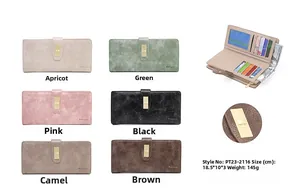 Dettaglio di portafogli lunghi da donna colorati con chiusura in metallo e tasche