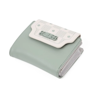 Green and white minimalist short fold PU leather wallet with floral print for women