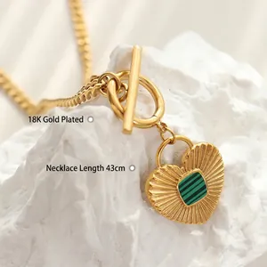 Retro 18K gold plated heart pendant necklace with green malachite pattern and OT toggle clasp