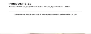Size chart showing dimensions for square pendant necklace with OT buckle measurements