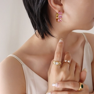 C-Shaped Hoop Earrings Copper Pink Cubic Zirconia Shiny Geometric Dangle Fashion Luxury Elegant Accessory Jewelry For Women