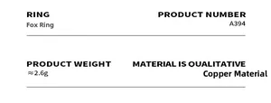 Detailed specs for a 2.6g copper fox ring showing product number A394 and materials