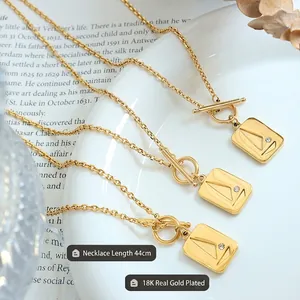 18K gold plated stainless steel square pendant necklace with OT toggle clasp, 44cm length