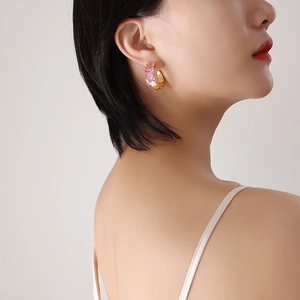 Fashionable gold C-shaped hoop earrings with sparkling pink rectangular crystals for women