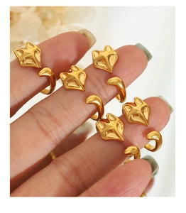 Detail of creative fox-shaped open rings in polished gold plating on female fingers