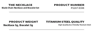 Detailed size and weight specifications for stainless steel blade chain jewelry set