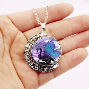 Silver fantasy dragon pendant necklace with double-sided rotating moon and purple wings