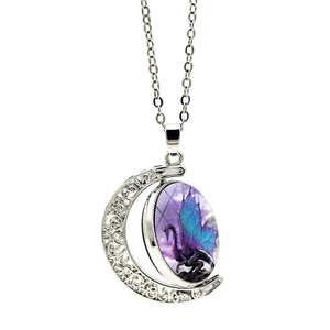 Silver crescent moon necklace with blue and purple dragon glass pendant and镂空 carving