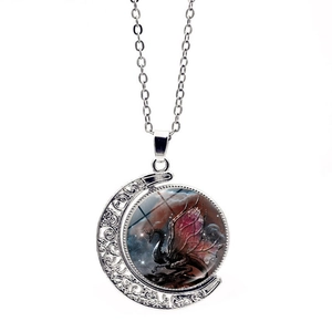 Blue winged dragon necklace with a double-sided rotating crescent moon pendant