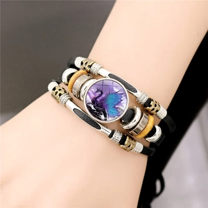 Mens multi-layer leather bracelet with dragon motif and vintage braided beads design