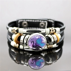 Vintage Punk Multi-layer PU Leather Bracelet Men Fantasy Dragon Glass Cabochon Alloy Wood Beads Braided Braid Wristband