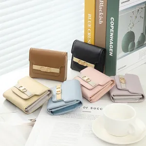 Three-fold mini PU leather wallets in Morandi colors with stylish metal CD clasp