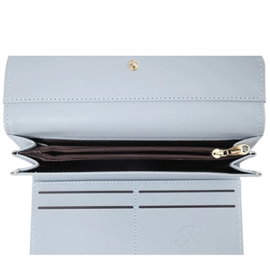 Internal layout of blue leather wallet featuring card slots and a gold zipper compartment