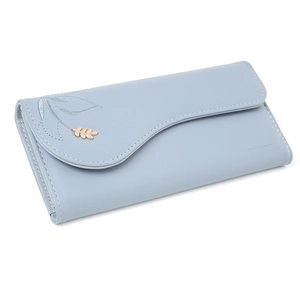 Women's light blue bifold wallet with wavy flap and golden leaf pendant decoration