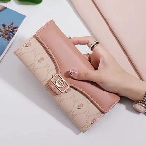 Women Long Wallet PU Leather Clutch Purse Floral Print Foldable Buckle Multi Card Slots Sweet Style Fashionable