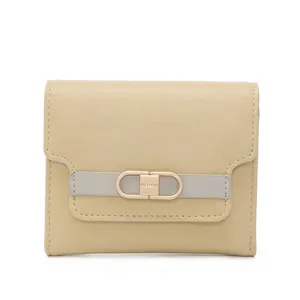 Short tri-fold pale yellow faux leather wallet with gold buckle and textured finish