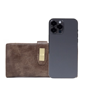 Portafoglio in pelle marrone con chiusura dorata accanto a uno smartphone per misura