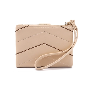 Cream vintage quilted small wallet for women with wristlet and golden zipper closure