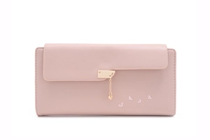 Close-up of light pink long wallet featuring heart embroidery and gold heart pendant buckle