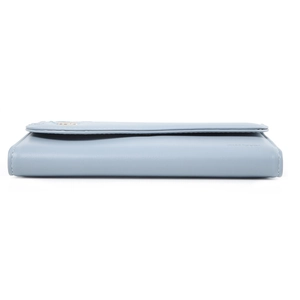 Detailed side view of light blue leather wallet showing neat stitching and smooth oil edges
