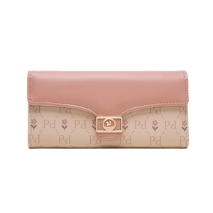Close-up of pink and beige tri-fold wallet with bee buckle and floral pattern
