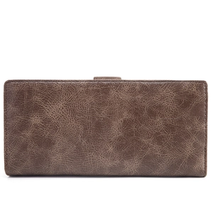Portafoglio lungo marrone scuro da donna con trama marmorea vintage e chiusura a fibbia